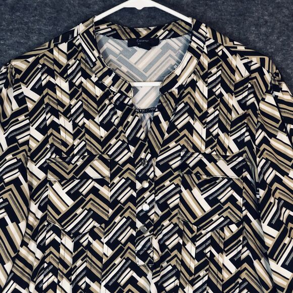 Cocomo Pintuck Top Womens PL V Neck Popover Knit 3/4 Roll Tab SLV Zig-Zag Print - Picture 2 of 11